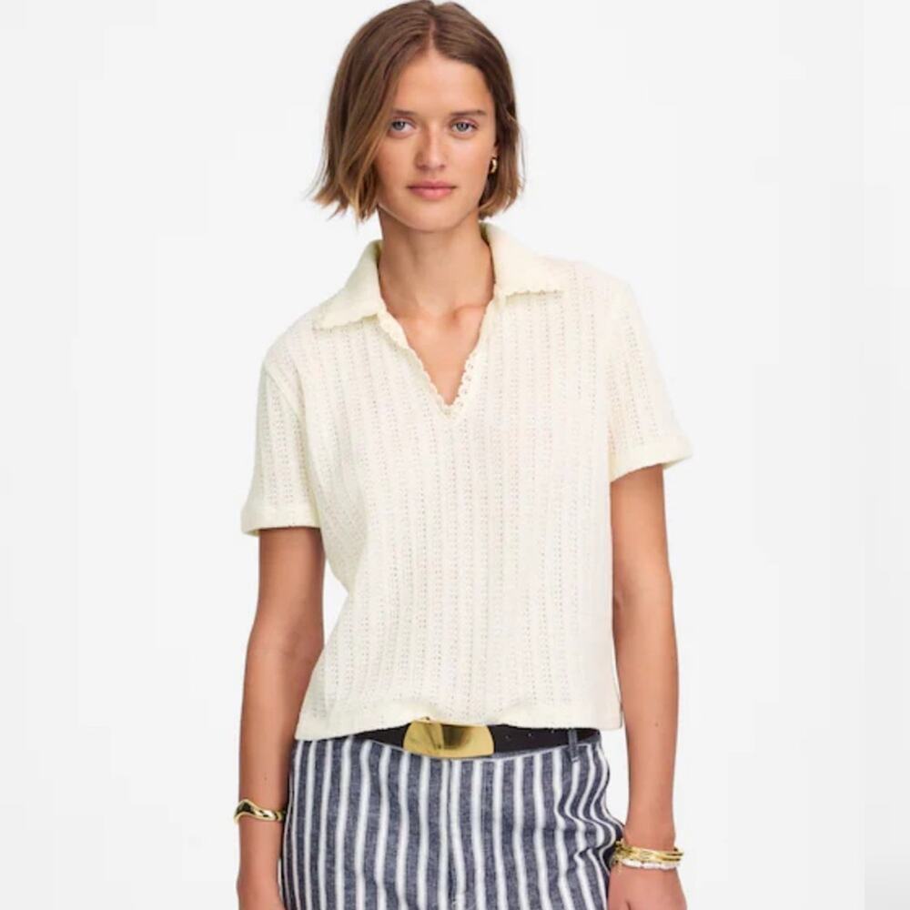 Madewell Crochet-Knit V-Neck Sweater Tee Vintage Ivory Size Medium